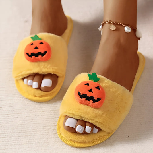 Pumpkin plush slippers indoor home slippers open toe design anti-slip PVC sole synthetic fur warm winter bedroom slippers for women available in white and yellow colour multi-size cartoon Halloween cute