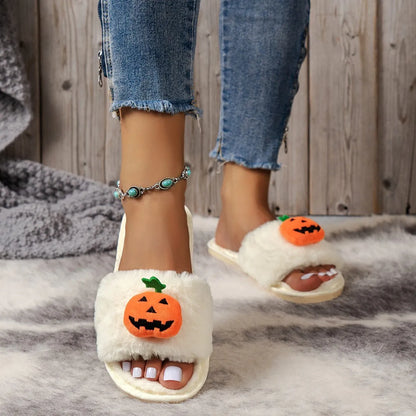 Pumpkin plush slippers indoor home slippers open toe design anti-slip PVC sole synthetic fur warm winter bedroom slippers for women available in white and yellow colour multi-size cartoon Halloween cute