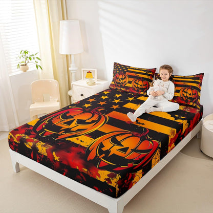 Feelyou American Flag Fitted Sheet Full Size for Kids Boys Girls Halloween Pumpkin Bed Sheets Set 16" Deep Pocket Soft Breathable Microfiber Halloween Decor Bedding with 2 Pillowcases Gothic