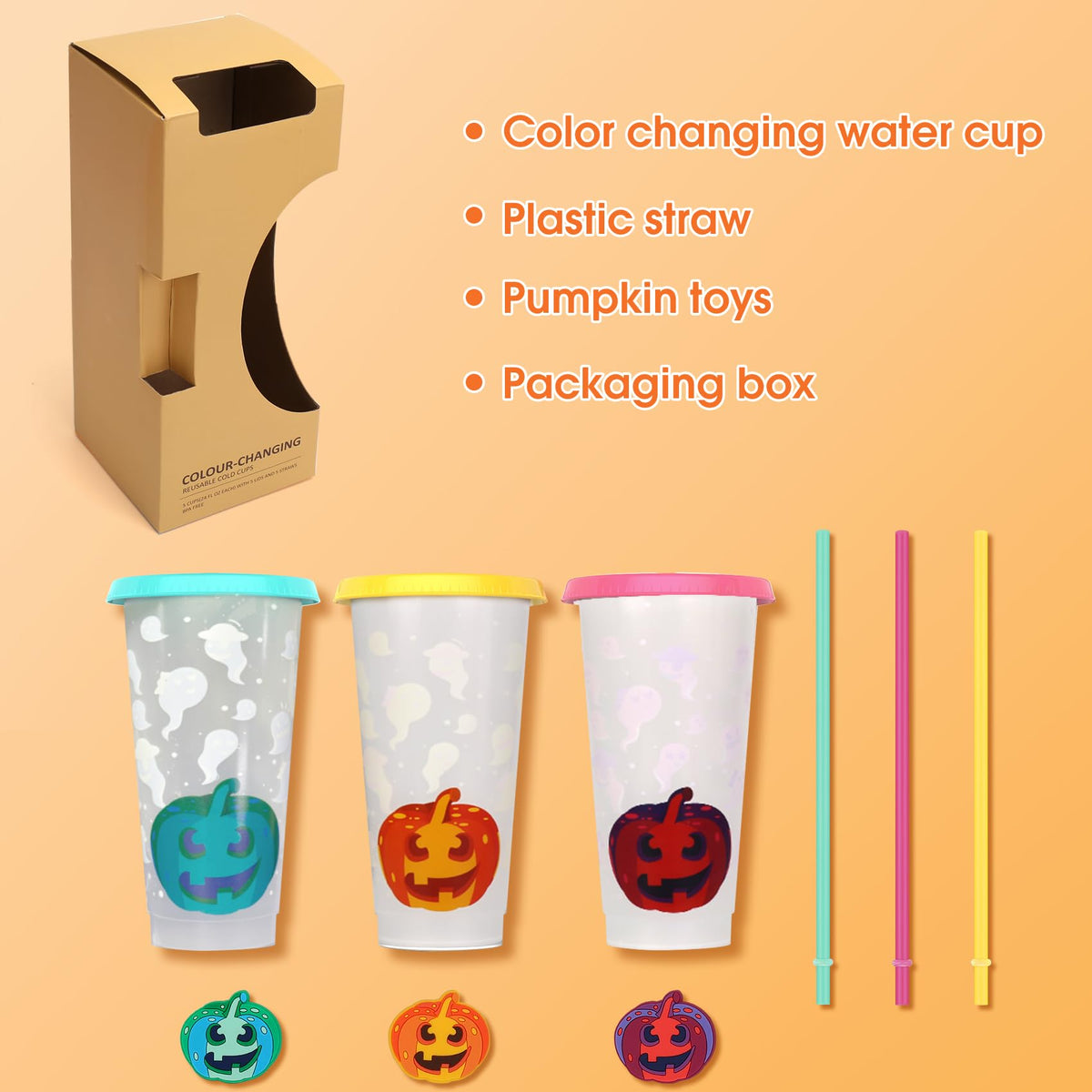 Ftabernam Halloween Color Changing Cups, 3-Pack 24 oz Plastic Cups with Lids and Straws, Tumblers and Water Glasses for Adults, Kids Party, Cute Cup for Ice Drink