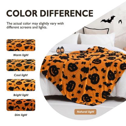 SOCHOW Halloween Jacquard Throw Blanket, Fuzzy Soft Cozy Warm Pumpkin Ghost Fall Decor Holiday Blanket for Couch, Sofa and Bed, 50 x 60 Inches, Orange/Black