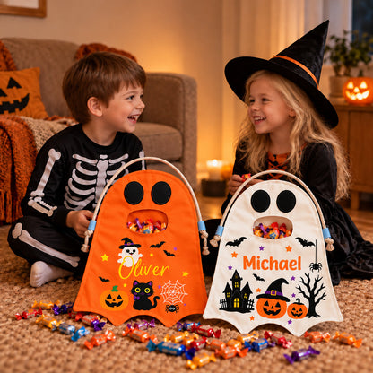 Personalized Halloween Ghost Candy Bag with Name Trick or Treat Drawstring Tote Bag Halloween Gift for Kids