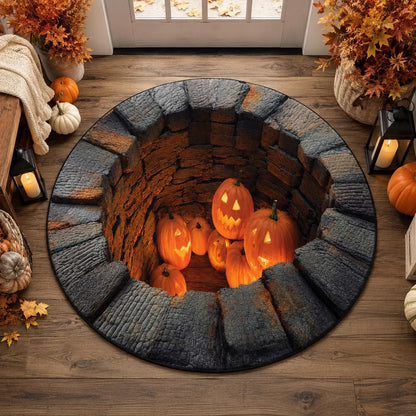 Halloween Pumpkin 3D Illusion Rug, Jack O Lantern Pit Round Rug, Spooky Well Floor Mat, Haunted House Decor