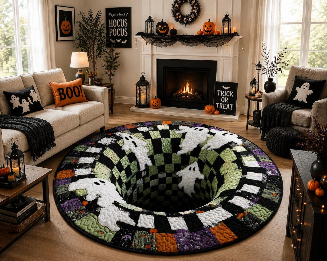 Spooky Halloween Patchwork Ghost Rug | Round Spooky Floor Mat Gift, Goth Decor